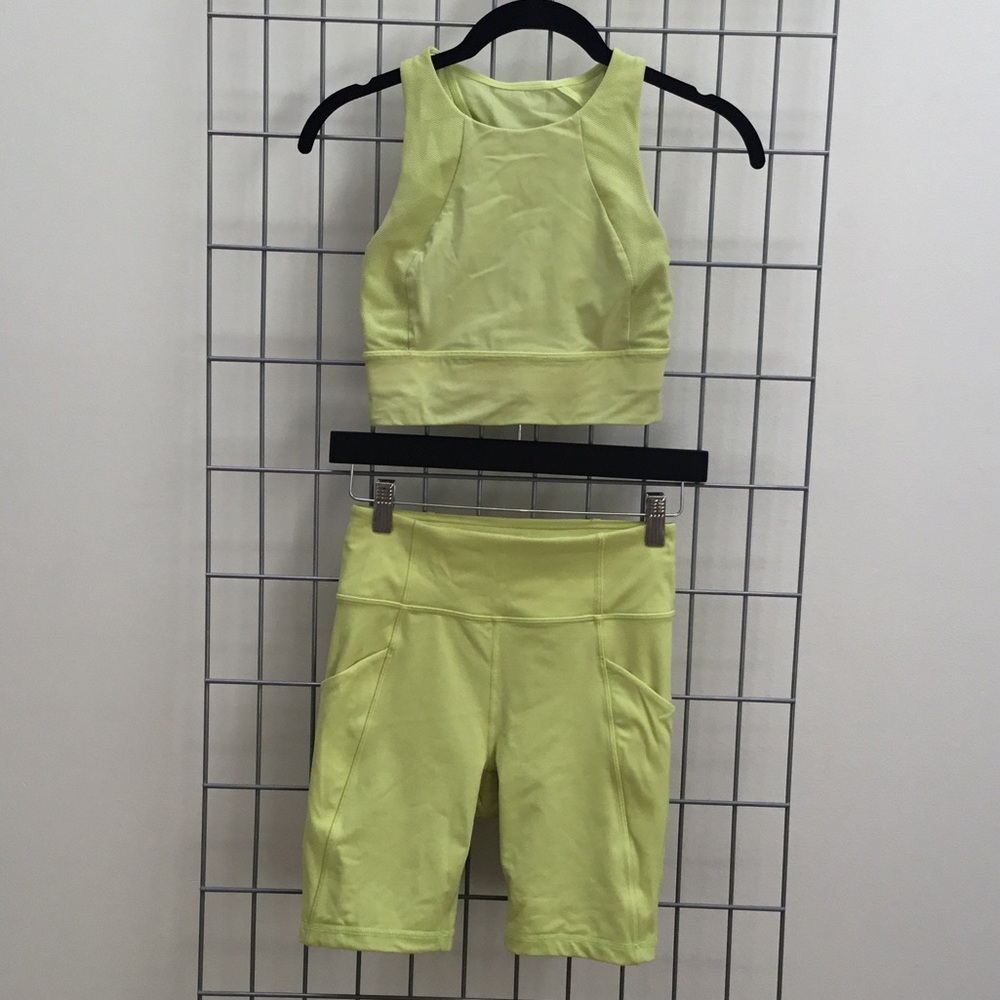lululemon athletica Neon Yellow High-Neck Sports Bra & Bike Shorts Set